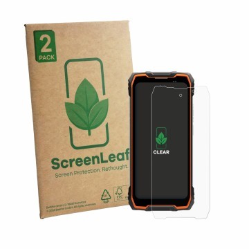 Front side of a product packaging with the brand logo ScreenLeaf. Next to it is the device Blackview Rock 2 shown with the cor