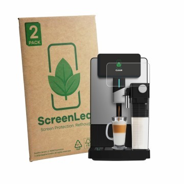 Front side of a product packaging with the brand logo ScreenLeaf. Next to it is the device Cecotec Cremmaet Latte Art A90_EU01