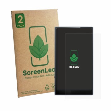 Vorderseite einer Produktverpackung mit dem Markenlogo ScreenLeaf. Daneben ist das Gerät FiiO M21 mit dem zugehörigen Displays