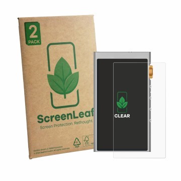 Front side of a product packaging with the brand logo ScreenLeaf. Next to it is the device Hifi Walker H20 Ultra shown with th
