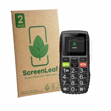 Front side of a product packaging with the brand logo ScreenLeaf. Next to it is the device artfone C1 shown with the correspon