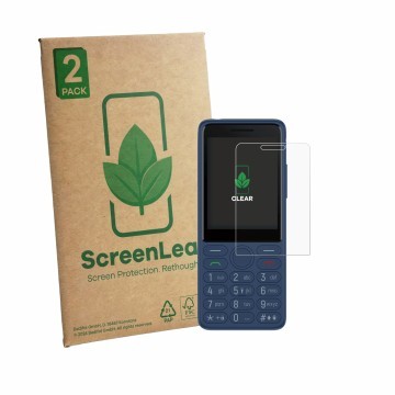 Parte frontal de un envase de producto con el logotipo de la marca ScreenLeaf. Al lado se muestra el dispositivo TCL OneTouch 