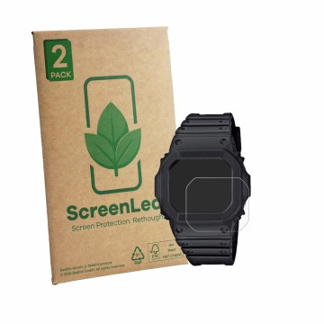 Face avant d’un emballage produit avec le logo de la marque ScreenLeaf. À côté, l’appareil Casio G-Shock GW-M5610U-1CJF est re