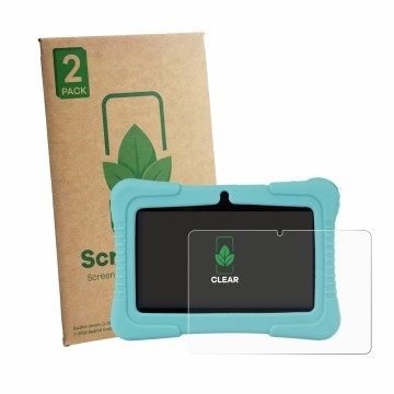 Front side of a product packaging with the brand logo ScreenLeaf. Next to it is the device SaveFamily Kids Tablet 7