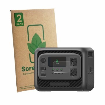 Parte frontal de un envase de producto con el logotipo de la marca ScreenLeaf. Al lado se muestra el dispositivo Bluetti Elite