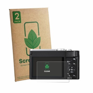 Face avant d’un emballage produit avec le logo de la marque ScreenLeaf. À côté, l’appareil Panasonic Lumix DC-TZ99E-S est repr