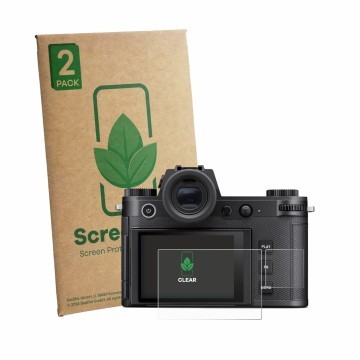 Parte frontal de un envase de producto con el logotipo de la marca ScreenLeaf. Al lado se muestra el dispositivo Leica SL3-P (