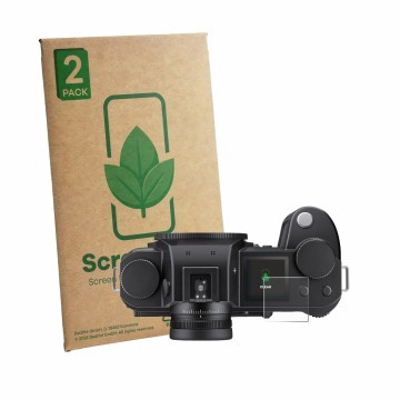 Parte frontal de un envase de producto con el logotipo de la marca ScreenLeaf. Al lado se muestra el dispositivo Leica SL3-P (