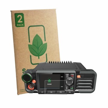 Parte frontal de un envase de producto con el logotipo de la marca ScreenLeaf. Al lado se muestra el dispositivo Hytera HM785 