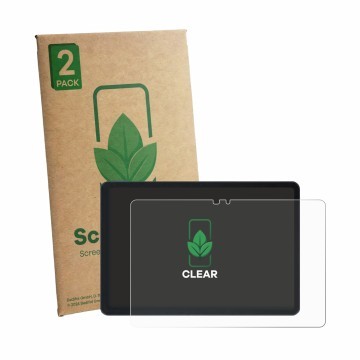 Parte frontal de un envase de producto con el logotipo de la marca ScreenLeaf. Al lado se muestra el dispositivo Infinix XPAD 