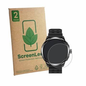 Face avant d’un emballage produit avec le logo de la marque ScreenLeaf. À côté, l’appareil Ulefone Armor Watch Pro est représe