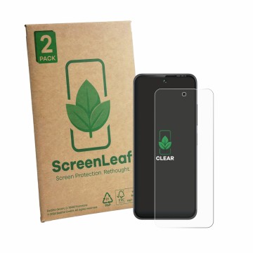Parte frontal de un envase de producto con el logotipo de la marca ScreenLeaf. Al lado se muestra el dispositivo Gigaset GP20 
