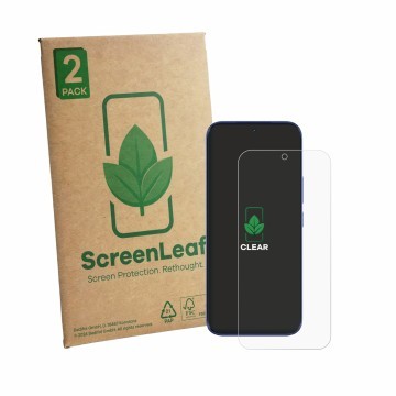 Face avant d’un emballage produit avec le logo de la marque ScreenLeaf. À côté, l’appareil Tecno Camon Slim est représenté ave