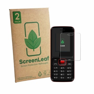 Vorderseite einer Produktverpackung mit dem Markenlogo ScreenLeaf. Daneben ist das Gerät Karbonn K19 Rock mit dem zugehörigen 
