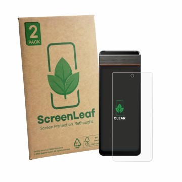 Parte frontale di una confezione del prodotto con il logo del marchio ScreenLeaf. Accanto è raffigurato il dispositivo Sunmi V