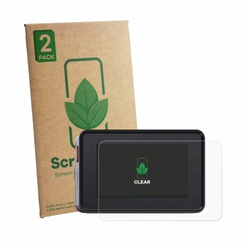 Face avant d’un emballage produit avec le logo de la marque ScreenLeaf. À côté, l’appareil Vantrue Element 2 est représenté av