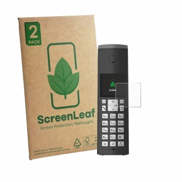 Vorderseite einer Produktverpackung mit dem Markenlogo ScreenLeaf. Daneben ist das Gerät Panasonic KX-TGK220 mit dem zugehörig