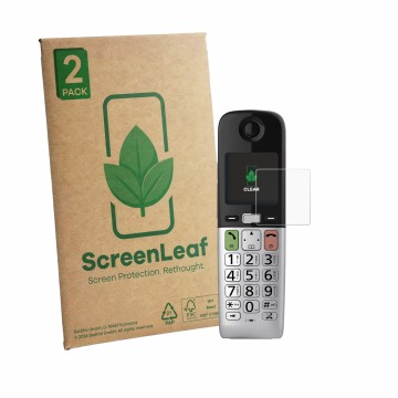 Vorderseite einer Produktverpackung mit dem Markenlogo ScreenLeaf. Daneben ist das Gerät Panasonic KX-TGU432 mit dem zugehörig