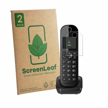 Vorderseite einer Produktverpackung mit dem Markenlogo ScreenLeaf. Daneben ist das Gerät Panasonic KX-TGC463 mit dem zugehörig