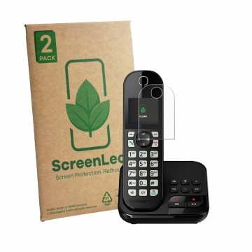 Vorderseite einer Produktverpackung mit dem Markenlogo ScreenLeaf. Daneben ist das Gerät Panasonic KX-TGC422 mit dem zugehörig