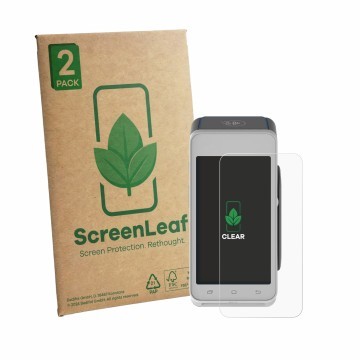 Parte frontal de un envase de producto con el logotipo de la marca ScreenLeaf. Al lado se muestra el dispositivo Pax A910S con