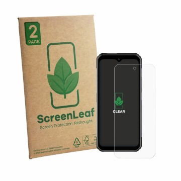 Parte frontal de un envase de producto con el logotipo de la marca ScreenLeaf. Al lado se muestra el dispositivo Pax A6630 con