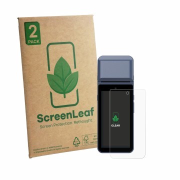 Parte frontal de un envase de producto con el logotipo de la marca ScreenLeaf. Al lado se muestra el dispositivo Pax M9200 con