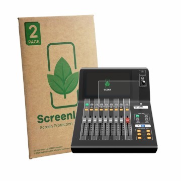 Vorderseite einer Produktverpackung mit dem Markenlogo ScreenLeaf. Daneben ist das Gerät Yamaha DM3 mit dem zugehörigen Displa