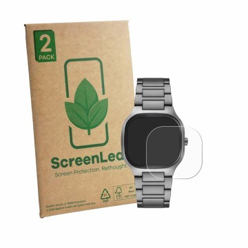 Face avant d’un emballage produit avec le logo de la marque ScreenLeaf. À côté, l’appareil Skagen Mellem SKW6936 est représent