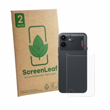 Vorderseite einer Produktverpackung mit dem Markenlogo ScreenLeaf. Daneben ist das Gerät Nothing Phone (4b) (Rückseite) mit de