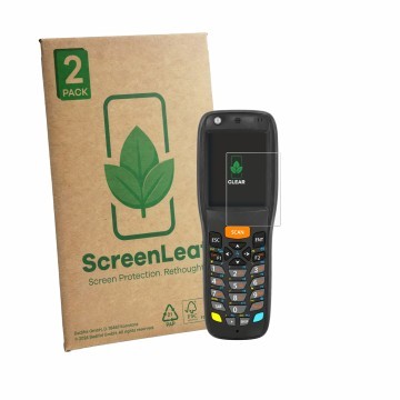 Vorderseite einer Produktverpackung mit dem Markenlogo ScreenLeaf. Daneben ist das Gerät Datalogic Memor X3 mit dem zugehörige