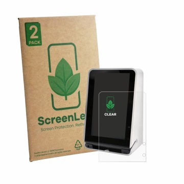 Parte frontal de un envase de producto con el logotipo de la marca ScreenLeaf. Al lado se muestra el dispositivo SENVEND UX700