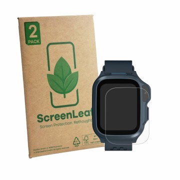 Vorderseite einer Produktverpackung mit dem Markenlogo ScreenLeaf. Daneben ist das Gerät Myfirst Fone S4 mit dem zugehörigen D