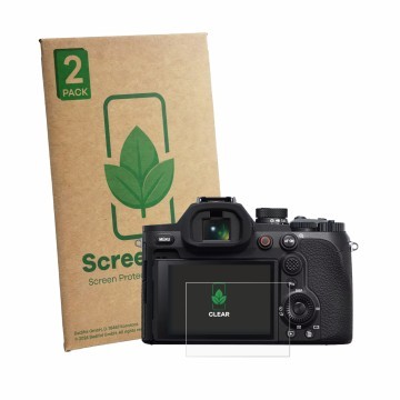 Vorderseite einer Produktverpackung mit dem Markenlogo ScreenLeaf. Daneben ist das Gerät Sony Cyber-Shot DSC-RX10 V mit dem zu