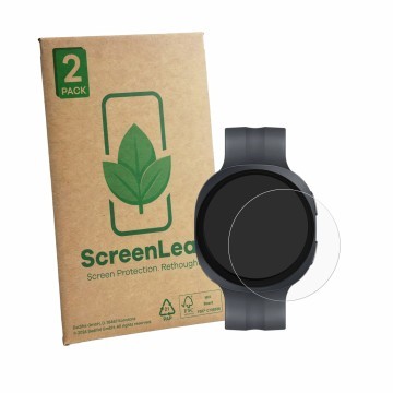 Face avant d’un emballage produit avec le logo de la marque ScreenLeaf. À côté, l’appareil Samsung Galaxy Watch 9 (44 mm) est 