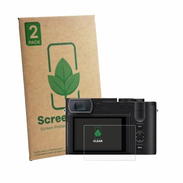 Face avant d’un emballage produit avec le logo de la marque ScreenLeaf. À côté, l’appareil Leica Q3 Monochrom est représenté a