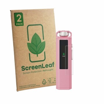 Parte frontal de un envase de producto con el logotipo de la marca ScreenLeaf. Al lado se muestra el dispositivo FiiO SnowSky 
