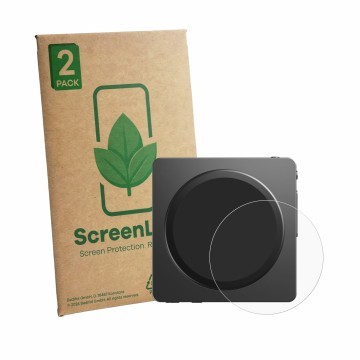 Front side of a product packaging with the brand logo ScreenLeaf. Next to it is the device FiiO SnowSky Disc shown with the co
