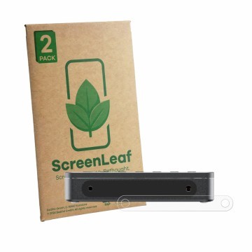 Parte frontale di una confezione del prodotto con il logo del marchio ScreenLeaf. Accanto è raffigurato il dispositivo FiiO DM