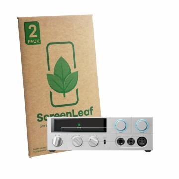 Front side of a product packaging with the brand logo ScreenLeaf. Next to it is the device FiiO K15 shown with the correspondi