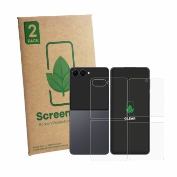 Vorderseite einer Produktverpackung mit dem Markenlogo ScreenLeaf. Daneben ist das Gerät Samsung Galaxy Z Flip 8 (Display+Rück