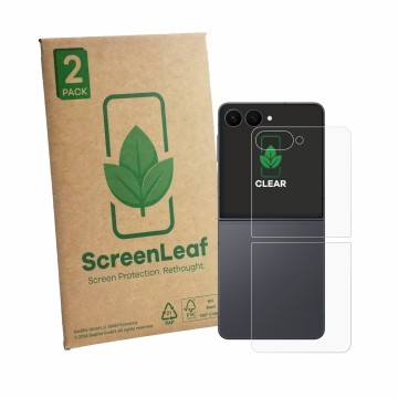Vorderseite einer Produktverpackung mit dem Markenlogo ScreenLeaf. Daneben ist das Gerät Samsung Galaxy Z Flip 8 (Rückseite) m