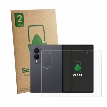Parte frontal de un envase de producto con el logotipo de la marca ScreenLeaf. Al lado se muestra el dispositivo Samsung Galax