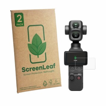 Front side of a product packaging with the brand logo ScreenLeaf. Next to it is the device DJI Osmo Pocket 4P shown with the c