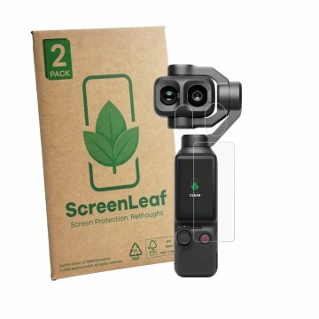 Vorderseite einer Produktverpackung mit dem Markenlogo ScreenLeaf. Daneben ist das Gerät DJI Osmo Pocket 4P (Display + Linse) 