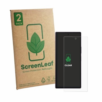 Parte frontale di una confezione del prodotto con il logo del marchio ScreenLeaf. Accanto è raffigurato il dispositivo Samsung