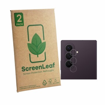 Parte frontal de un envase de producto con el logotipo de la marca ScreenLeaf. Al lado se muestra el dispositivo Samsung Galax