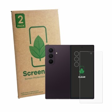 Parte frontal de un envase de producto con el logotipo de la marca ScreenLeaf. Al lado se muestra el dispositivo Samsung Galax