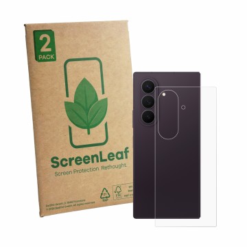 Face avant d’un emballage produit avec le logo de la marque ScreenLeaf. À côté, l’appareil Samsung Galaxy Z Fold 8 Ultra (Arri
