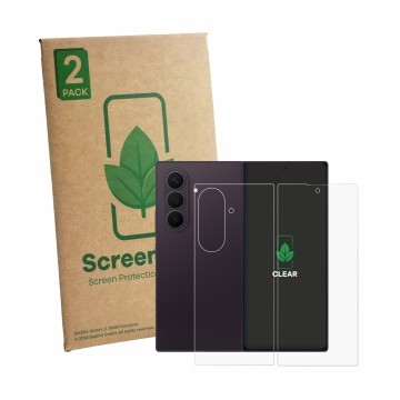 Parte frontal de un envase de producto con el logotipo de la marca ScreenLeaf. Al lado se muestra el dispositivo Samsung Galax